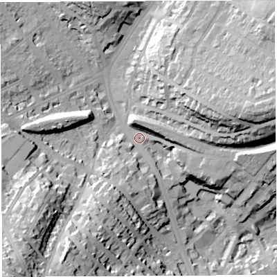 Shaded relief map of the ground around BS65QZ, computed from Environment Agency LiDAR. The ground here sits at about 27 m above sea level and falls 56 m across the surrounding 800 m. Surface water reaching this point runs off ground lying to the south-west, 44.1 m higher.