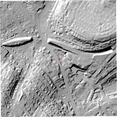 Shaded relief map of the ground around BS65RB, computed from Environment Agency LiDAR. The ground here sits at about 28 m above sea level and falls 53 m across the surrounding 800 m. Surface water reaching this point runs off ground lying to the south-west, 10.8 m higher.