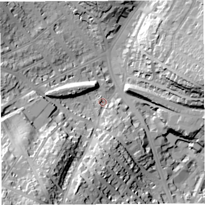 Shaded relief map of the ground around BS66AD, computed from Environment Agency LiDAR. The ground here sits at about 28 m above sea level and falls 55 m across the surrounding 800 m. Surface water reaching this point runs off ground lying to the south, 25.2 m higher.