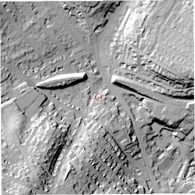 Shaded relief map of the ground around BS66AE, computed from Environment Agency LiDAR. The ground here sits at about 30 m above sea level and falls 57 m across the surrounding 800 m. Surface water reaching this point runs off ground lying to the south, 25.2 m higher.
