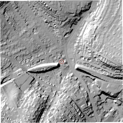 Shaded relief map of the ground around BS66AF, computed from Environment Agency LiDAR. The ground here sits at about 27 m above sea level and falls 49 m across the surrounding 800 m. Surface water reaching this point runs off ground lying to the south-south-west, 40.2 m higher.