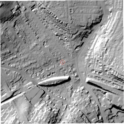 Shaded relief map of the ground around BS67AD, computed from Environment Agency LiDAR. The ground here sits at about 29 m above sea level and falls 45 m across the surrounding 800 m. Surface water reaching this point runs off ground lying to the west, 20.0 m higher.