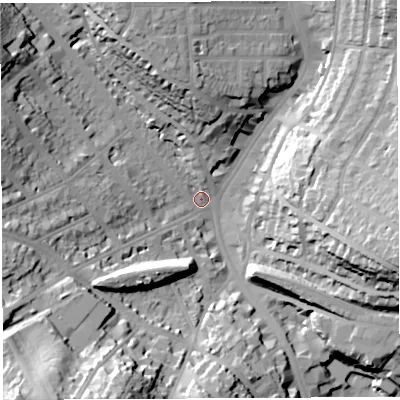 Shaded relief map of the ground around BS67AE, computed from Environment Agency LiDAR. The ground here sits at about 27 m above sea level and falls 39 m across the surrounding 800 m. Surface water reaching this point runs off ground lying to the south-south-west, 33.2 m higher.