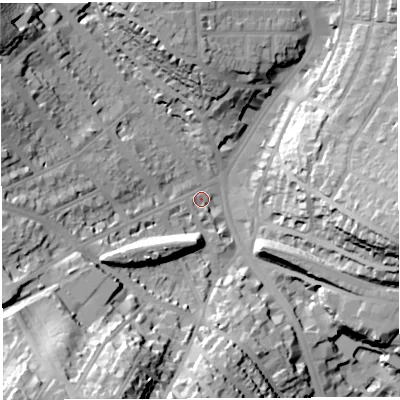 Shaded relief map of the ground around BS67AG, computed from Environment Agency LiDAR. The ground here sits at about 28 m above sea level and falls 45 m across the surrounding 800 m. Surface water reaching this point runs off ground lying to the south-south-west, 36.9 m higher.