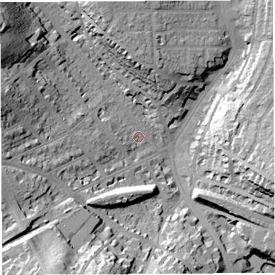 Shaded relief map of the ground around BS67BJ, computed from Environment Agency LiDAR. The ground here sits at about 29 m above sea level and falls 44 m across the surrounding 800 m. Surface water reaching this point runs off ground lying to the north-west, 35.3 m higher.