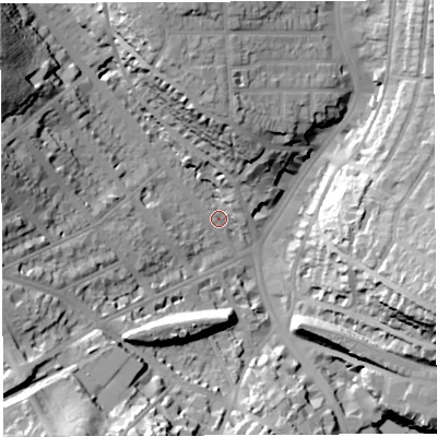 Shaded relief map of the ground around BS67BN, computed from Environment Agency LiDAR. The ground here sits at about 29 m above sea level and falls 38 m across the surrounding 800 m. Surface water reaching this point runs off ground lying to the north-west, 35.1 m higher.