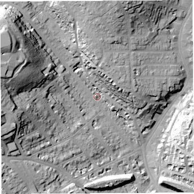 Shaded relief map of the ground around BS67BT, computed from Environment Agency LiDAR. The ground here sits at about 33 m above sea level and falls 45 m across the surrounding 800 m. Surface water reaching this point runs off ground lying to the north, 28.6 m higher.