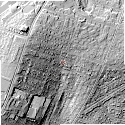 Shaded relief map of the ground around BS70JN, computed from Environment Agency LiDAR. The ground here sits at about 78 m above sea level and falls 36 m across the surrounding 800 m. Surface water reaching this point runs off ground lying to the north-west, 13.8 m higher.