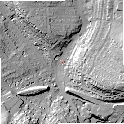 Shaded relief map of the ground around BS78AA, computed from Environment Agency LiDAR. The ground here sits at about 28 m above sea level and falls 41 m across the surrounding 800 m. Surface water reaching this point runs off ground lying to the east-south-east, 36.4 m higher.