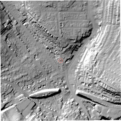 Shaded relief map of the ground around BS78DA, computed from Environment Agency LiDAR. The ground here sits at about 30 m above sea level and falls 36 m across the surrounding 800 m. Surface water reaching this point runs off ground lying to the west-north-west, 29.7 m higher.