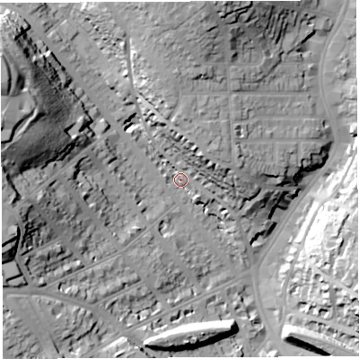 Shaded relief map of the ground around BS78DE, computed from Environment Agency LiDAR. The ground here sits at about 32 m above sea level and falls 45 m across the surrounding 800 m. Surface water reaching this point runs off ground lying to the north, 28.4 m higher.
