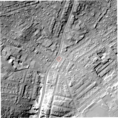 Shaded relief map of the ground around BS78PE, computed from Environment Agency LiDAR. The ground here sits at about 55 m above sea level and falls 28 m across the surrounding 800 m. Surface water reaching this point runs off ground lying to the north-west, 17.1 m higher.