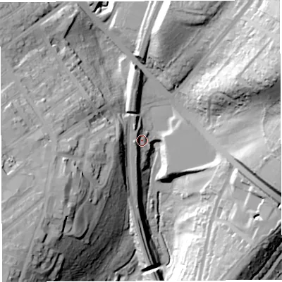 Shaded relief map of the ground around BS79NB, computed from Environment Agency LiDAR. The ground here sits at about 29 m above sea level and falls 53 m across the surrounding 800 m. Surface water reaching this point runs off ground lying to the west, 8.5 m higher.