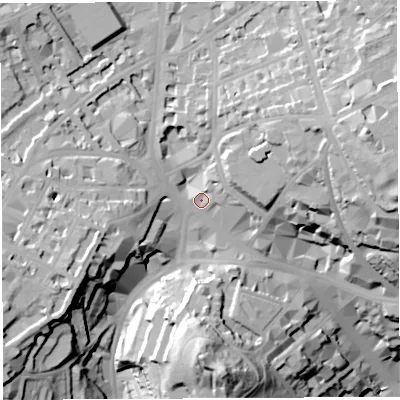 Shaded relief map of the ground around BS81QU, computed from Environment Agency LiDAR. The ground here sits at about 52 m above sea level and falls 65 m across the surrounding 800 m. Surface water reaching this point runs off ground lying to the east-north-east, 29.4 m higher.