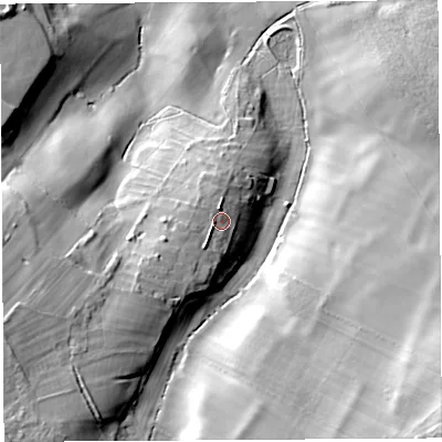 Shaded relief map of the ground around BS83RH, computed from Environment Agency LiDAR. The ground here sits at about 29 m above sea level and falls 35 m across the surrounding 800 m. Surface water reaching this point runs off ground lying to the west-south-west, 3.4 m higher.