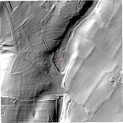 Shaded relief map of the ground around BS83RQ, computed from Environment Agency LiDAR. The ground here sits at about 31 m above sea level and falls 42 m across the surrounding 800 m. Surface water reaching this point runs off ground lying to the south-west, 27.3 m higher.