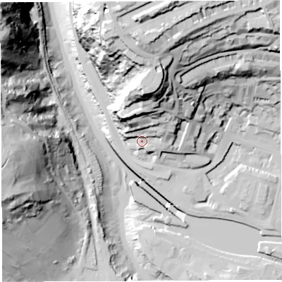 Shaded relief map of the ground around BS84NP, computed from Environment Agency LiDAR. The ground here sits at about 15 m above sea level and falls 83 m across the surrounding 800 m. Surface water reaching this point runs off ground lying to the north-north-east, 47.5 m higher.