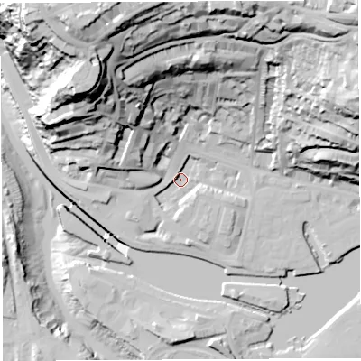 Shaded relief map of the ground around BS84NQ, computed from Environment Agency LiDAR. The ground here sits at about 7 m above sea level and falls 77 m across the surrounding 800 m. Surface water reaching this point runs off ground lying to the north-north-west, 59.7 m higher.