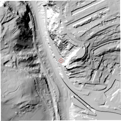 Shaded relief map of the ground around BS84NT, computed from Environment Agency LiDAR. The ground here sits at about 9 m above sea level and falls 99 m across the surrounding 800 m. Surface water reaching this point runs off ground lying to the north-north-east, 53.4 m higher.