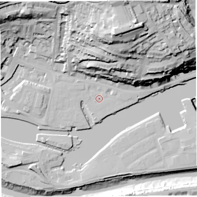 Shaded relief map of the ground around BS84PB, computed from Environment Agency LiDAR. The ground here sits at about 8 m above sea level and falls 69 m across the surrounding 800 m. Surface water reaching this point runs off ground lying to the north-north-east, 60.1 m higher.