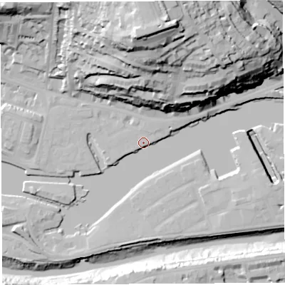 Shaded relief map of the ground around BS84PD, computed from Environment Agency LiDAR. The ground here sits at about 8 m above sea level and falls 68 m across the surrounding 800 m. Surface water reaching this point runs off ground lying to the north, 66.8 m higher.