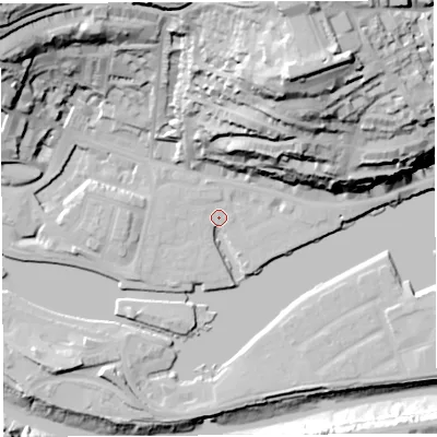 Shaded relief map of the ground around BS84PQ, computed from Environment Agency LiDAR. The ground here sits at about 9 m above sea level and falls 70 m across the surrounding 800 m. Surface water reaching this point runs off ground lying to the north-north-east, 62.4 m higher.