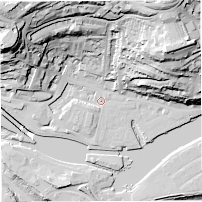Shaded relief map of the ground around BS84PZ, computed from Environment Agency LiDAR. The ground here sits at about 9 m above sea level and falls 77 m across the surrounding 800 m. Surface water reaching this point runs off ground lying to the north-west, 59.8 m higher.