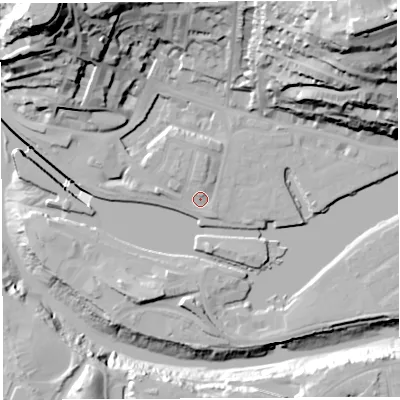 Shaded relief map of the ground around BS84QD, computed from Environment Agency LiDAR. The ground here sits at about 10 m above sea level and falls 70 m across the surrounding 800 m. Surface water reaching this point runs off ground lying to the north, 3.5 m higher.