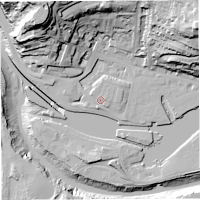 Shaded relief map of the ground around BS84QJ, computed from Environment Agency LiDAR. The ground here sits at about 10 m above sea level and falls 69 m across the surrounding 800 m. Surface water reaching this point runs off ground lying to the north-east, 2.9 m higher.