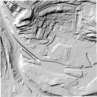 Shaded relief map of the ground around BS84QL, computed from Environment Agency LiDAR. The ground here sits at about 7 m above sea level and falls 70 m across the surrounding 800 m. Surface water reaching this point runs off ground lying to the north-north-west, 58.8 m higher.