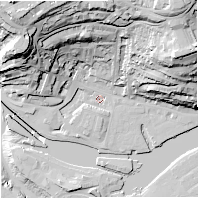 Shaded relief map of the ground around BS84QW, computed from Environment Agency LiDAR. The ground here sits at about 8 m above sea level and falls 78 m across the surrounding 800 m. Surface water reaching this point runs off ground lying to the north-west, 62.8 m higher.