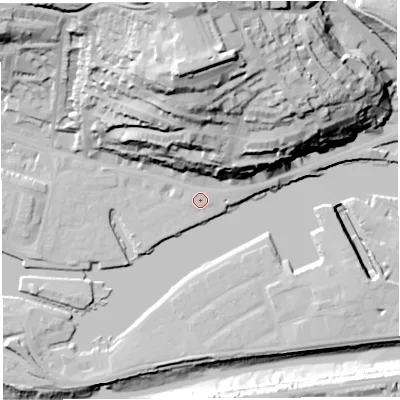 Shaded relief map of the ground around BS84RU, computed from Environment Agency LiDAR. The ground here sits at about 9 m above sea level and falls 69 m across the surrounding 800 m. Surface water reaching this point runs off ground lying to the north, 57.9 m higher.