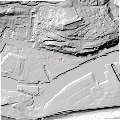 Shaded relief map of the ground around BS84RY, computed from Environment Agency LiDAR. The ground here sits at about 8 m above sea level and falls 70 m across the surrounding 800 m. Surface water reaching this point runs off ground lying to the north-north-east, 59.2 m higher.