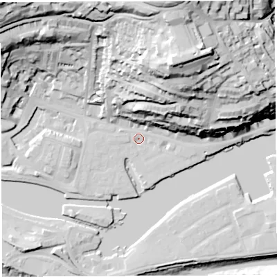 Shaded relief map of the ground around BS84SA, computed from Environment Agency LiDAR. The ground here sits at about 8 m above sea level and falls 74 m across the surrounding 800 m. Surface water reaching this point runs off ground lying to the north-north-east, 58.8 m higher.