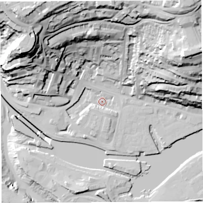 Shaded relief map of the ground around BS84SD, computed from Environment Agency LiDAR. The ground here sits at about 8 m above sea level and falls 78 m across the surrounding 800 m. Surface water reaching this point runs off ground lying to the south-south-east, 4.9 m higher.