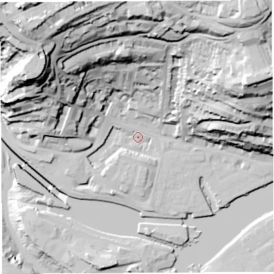 Shaded relief map of the ground around BS84SF, computed from Environment Agency LiDAR. The ground here sits at about 9 m above sea level and falls 78 m across the surrounding 800 m. Surface water reaching this point runs off ground lying to the north-north-west, 59.6 m higher.