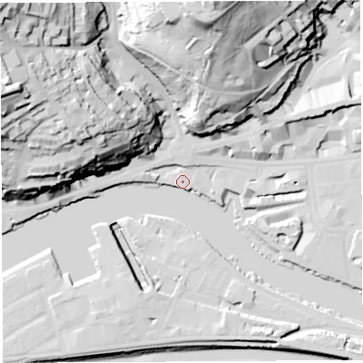 Shaded relief map of the ground around BS84SX, computed from Environment Agency LiDAR. The ground here sits at about 9 m above sea level and falls 73 m across the surrounding 800 m. Surface water reaching this point runs off ground lying to the east-north-east, 12.3 m higher.