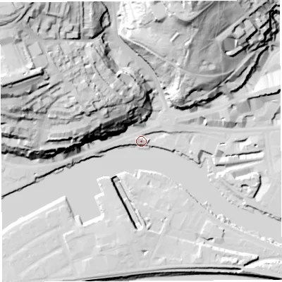 Shaded relief map of the ground around BS84UA, computed from Environment Agency LiDAR. The ground here sits at about 10 m above sea level and falls 76 m across the surrounding 800 m. Surface water reaching this point runs off ground lying to the north-west, 69.1 m higher.