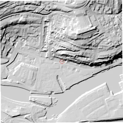 Shaded relief map of the ground around BS84US, computed from Environment Agency LiDAR. The ground here sits at about 9 m above sea level and falls 76 m across the surrounding 800 m. Surface water reaching this point runs off ground lying to the north-east, 58.8 m higher.
