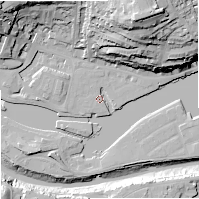 Shaded relief map of the ground around BS84YA, computed from Environment Agency LiDAR. The ground here sits at about 9 m above sea level and falls 69 m across the surrounding 800 m. Surface water reaching this point runs off ground lying to the south-west, 3.3 m higher.