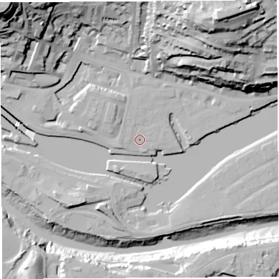 Shaded relief map of the ground around BS84YB, computed from Environment Agency LiDAR. The ground here sits at about 9 m above sea level and falls 69 m across the surrounding 800 m. Surface water reaching this point runs off ground lying to the north-west, 0.8 m higher.
