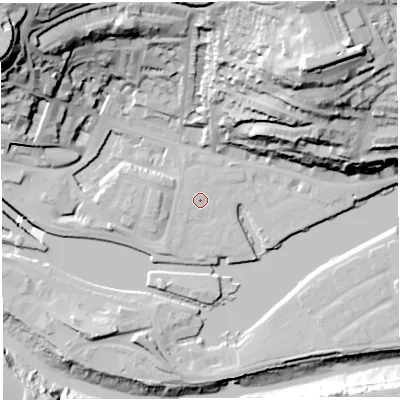 Shaded relief map of the ground around BS84YD, computed from Environment Agency LiDAR. The ground here sits at about 9 m above sea level and falls 70 m across the surrounding 800 m. Surface water reaching this point runs off ground lying to the west-north-west, 0.7 m higher.