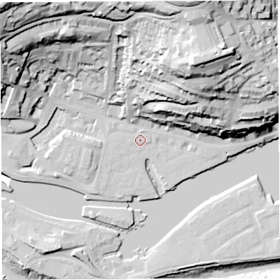 Shaded relief map of the ground around BS84YE, computed from Environment Agency LiDAR. The ground here sits at about 9 m above sea level and falls 75 m across the surrounding 800 m. Surface water reaching this point runs off ground lying to the west-south-west, 0.5 m higher.