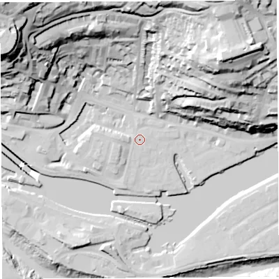 Shaded relief map of the ground around BS84YF, computed from Environment Agency LiDAR. The ground here sits at about 9 m above sea level and falls 72 m across the surrounding 800 m. Surface water reaching this point runs off ground lying to the south-west, 0.8 m higher.