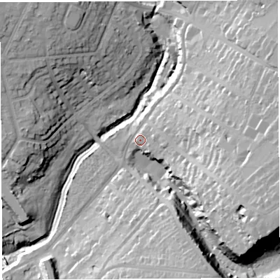 Shaded relief map of the ground around BS91DP, computed from Environment Agency LiDAR. The ground here sits at about 14 m above sea level and falls 44 m across the surrounding 800 m. Surface water reaching this point runs off ground lying to the east-south-east, 30.0 m higher.