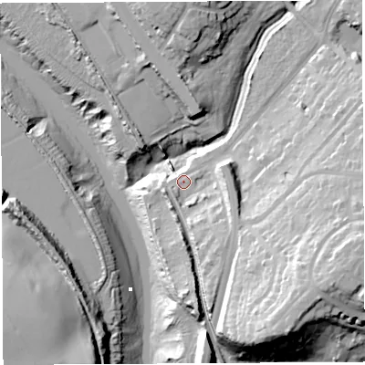 Shaded relief map of the ground around BS91DX, computed from Environment Agency LiDAR. The ground here sits at about 9 m above sea level and falls 44 m across the surrounding 800 m. Surface water reaching this point runs off ground lying to the south-south-east, 7.2 m higher.