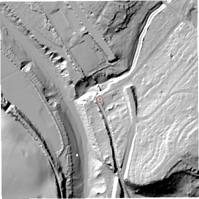 Shaded relief map of the ground around BS91FF, computed from Environment Agency LiDAR. The ground here sits at about 10 m above sea level and falls 44 m across the surrounding 800 m. Surface water reaching this point runs off ground lying to the south-south-east, 10.4 m higher.