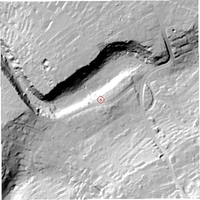 Shaded relief map of the ground around BS91SE, computed from Environment Agency LiDAR. The ground here sits at about 32 m above sea level and falls 58 m across the surrounding 800 m. Surface water reaching this point runs off ground lying to the east-south-east, 4.5 m higher.