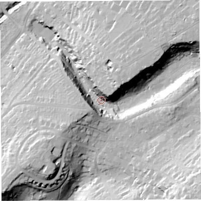 Shaded relief map of the ground around BS91TB, computed from Environment Agency LiDAR. The ground here sits at about 18 m above sea level and falls 46 m across the surrounding 800 m. Surface water reaching this point runs off ground lying to the north-east, 26.6 m higher.