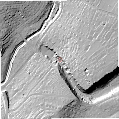 Shaded relief map of the ground around BS91TD, computed from Environment Agency LiDAR. The ground here sits at about 15 m above sea level and falls 40 m across the surrounding 800 m. Surface water reaching this point runs off ground lying to the east-south-east, 31.2 m higher.